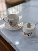 ست فنجان و نعلبکی و قندان سرامیکی دست ساز نقاشی شده با دست طرح دارکوب